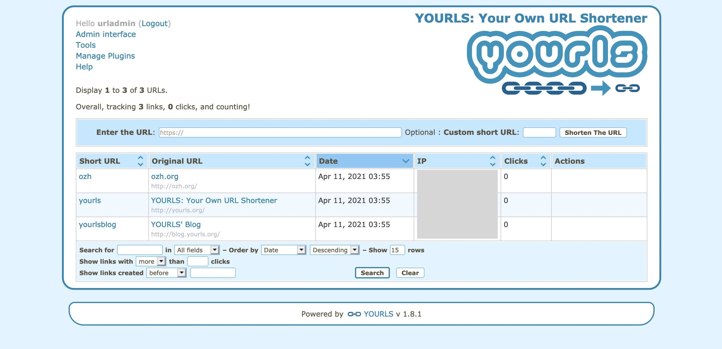 YOURLS Admin Interface