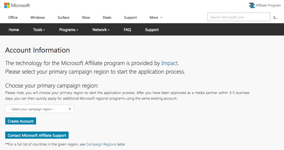 Create Microsoft Affiliate Account